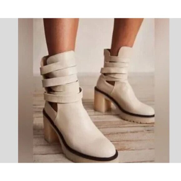 Free People Women's Jesse Leather Strappy Cutout Platform Boots in Frost Size 40 - Picture 1 of 13